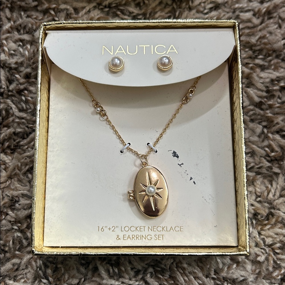 Nautica Gold Starburst Locket Necklace Set NWT